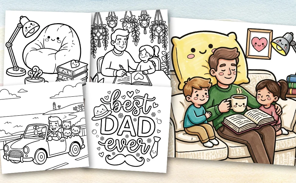 HAPPY FATHER'S DAY: A Cute And Heartwarming Retreat For amazing Dad: Bold & Easy Coloring Book